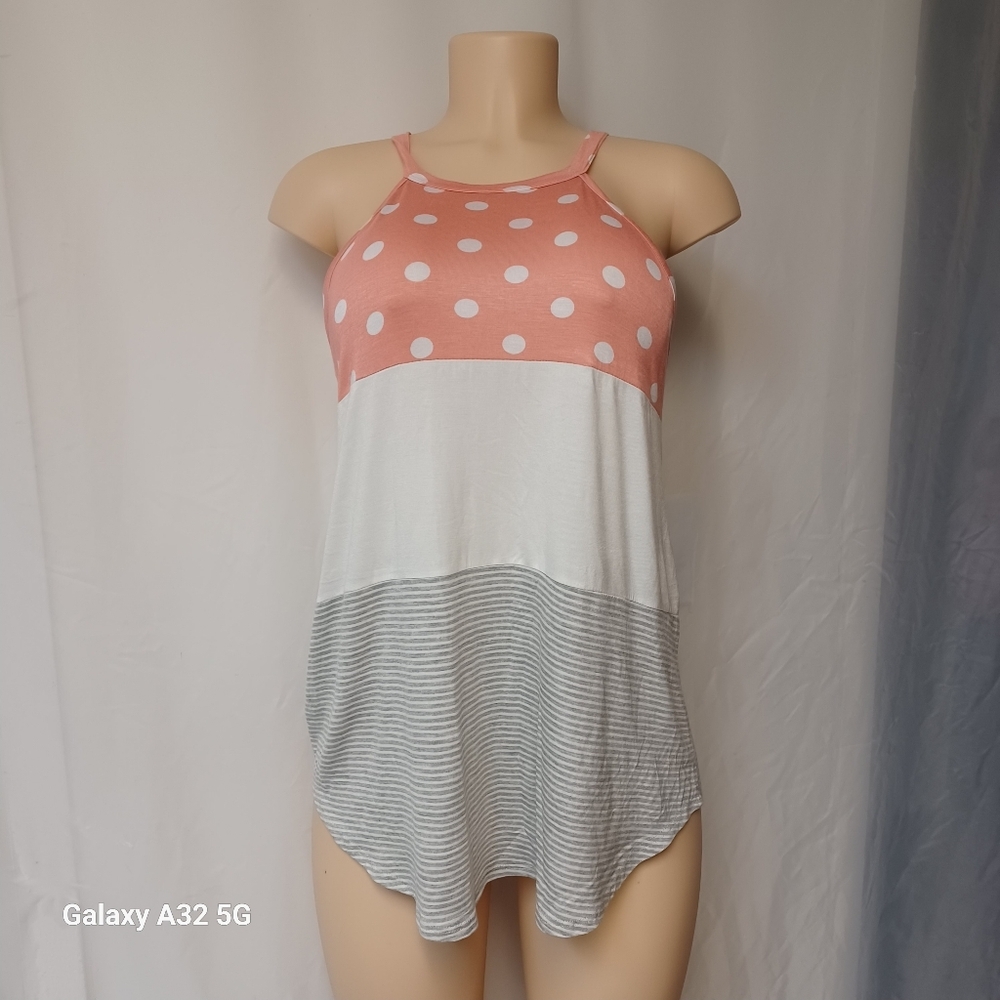 7th Ray Size M Pink and White Sleeveless Tank Top with High Neckline Size M